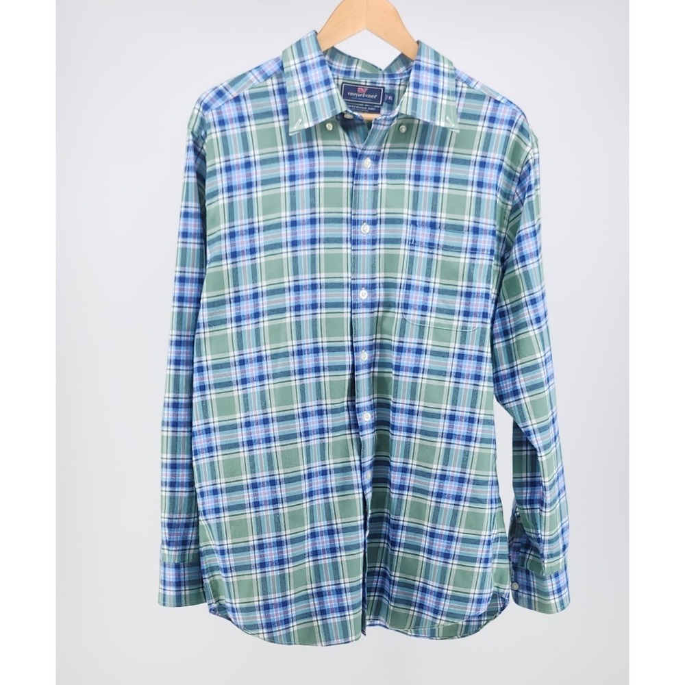 Vineyard Vines Performance Slim Fit Murray Shirt Green Blue Plaid Mens XL